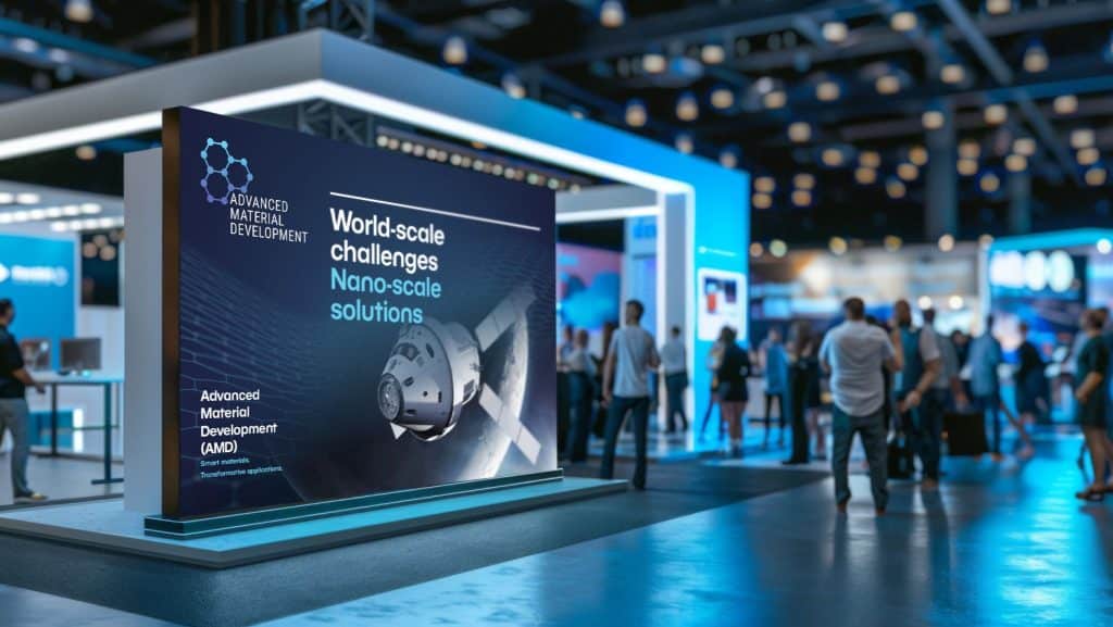 Exhibition stand and defence brand communications showcasing marketing materials for an advanced materials and defence technology company