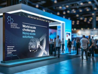 Exhibition stand and defence brand communications showcasing marketing materials for an advanced materials and defence technology company